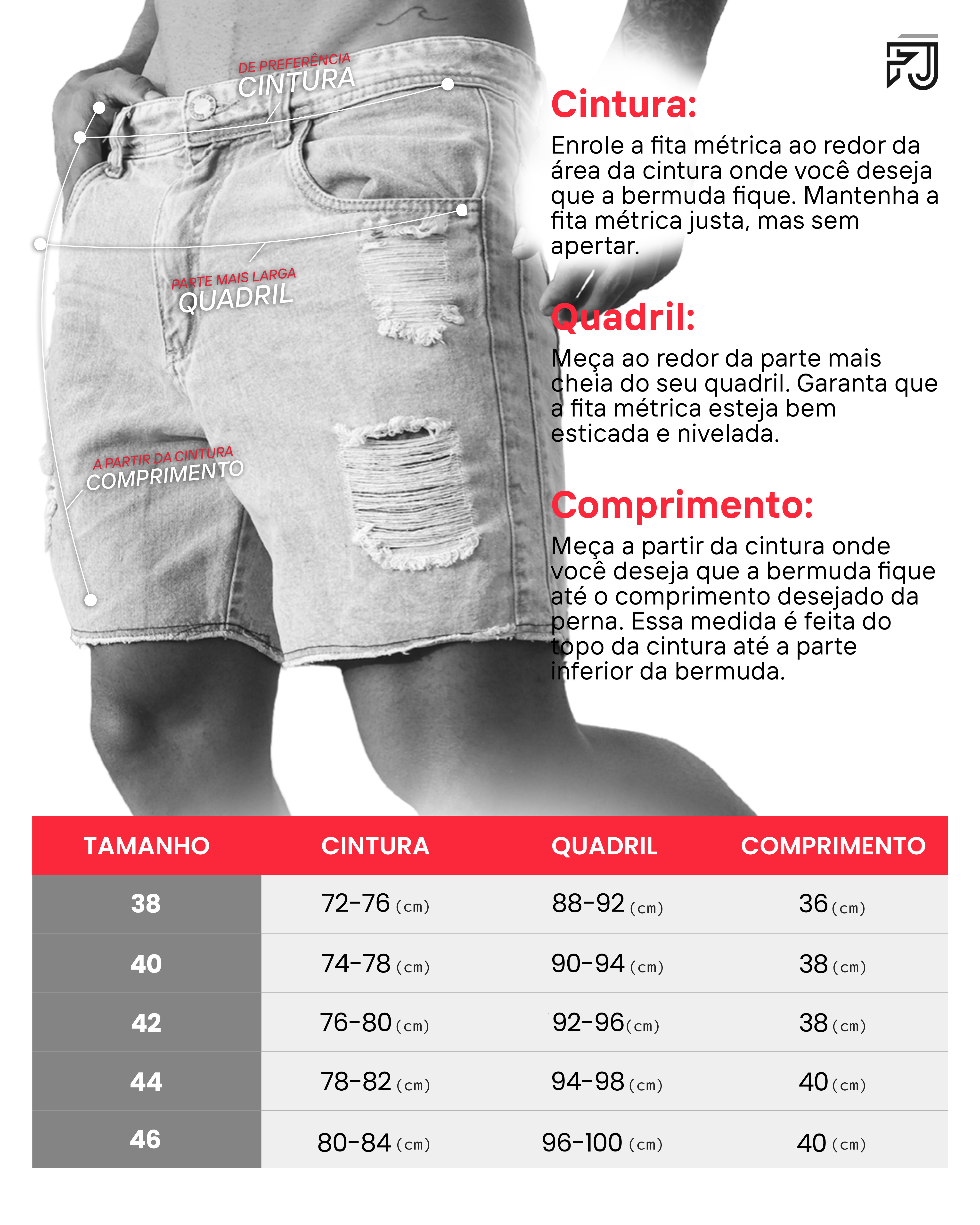 Tabela de medidas shorts sarja